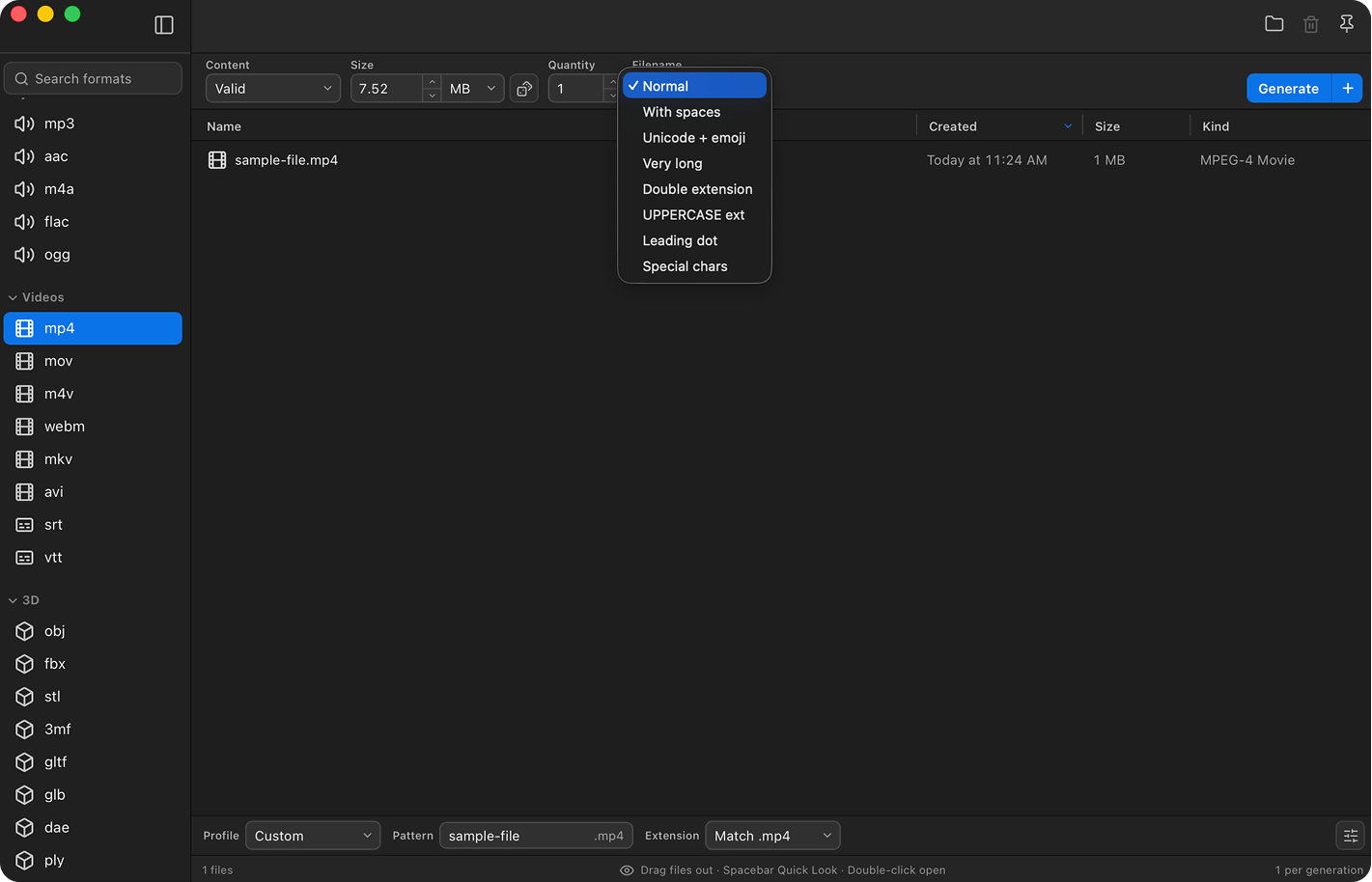 FileMill filename menu open with options for spaces, Unicode, long names, double extensions, uppercase extensions, leading dots, and special characters.