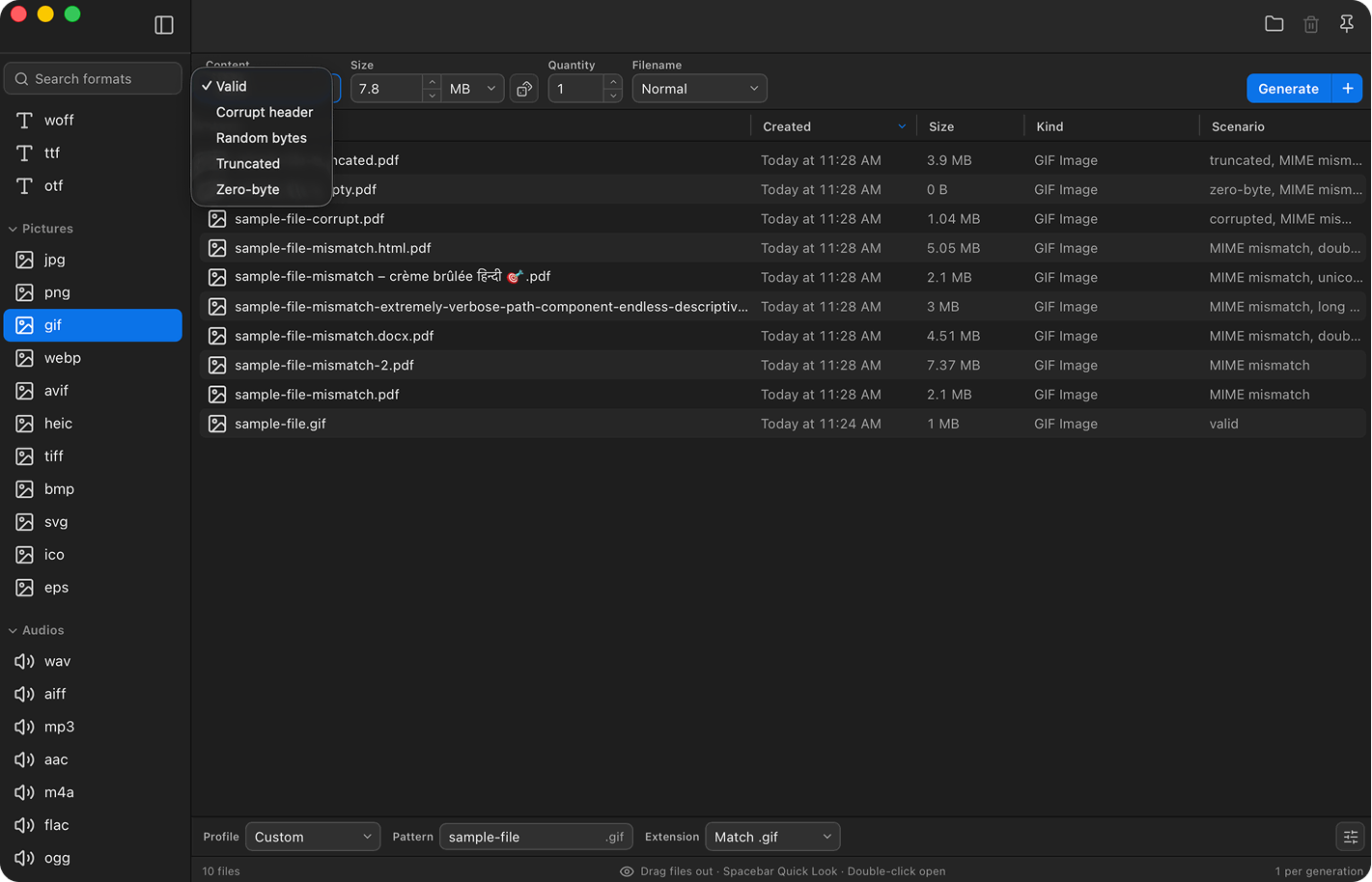 FileMill content menu open with valid, corrupt header, random bytes, truncated, and zero-byte options.